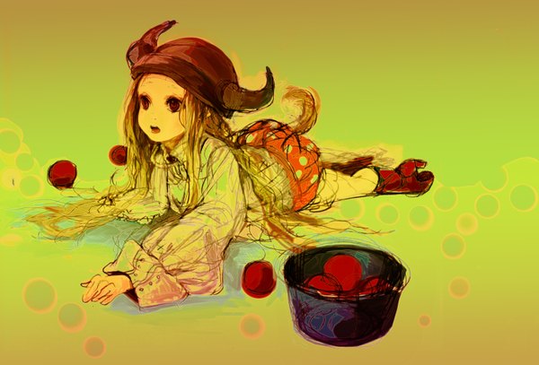 Anime picture 2975x2020 with original dohi (bonno) long hair highres open mouth blonde hair red eyes lying horn (horns) on stomach polka dot green background girl helmet child (children)