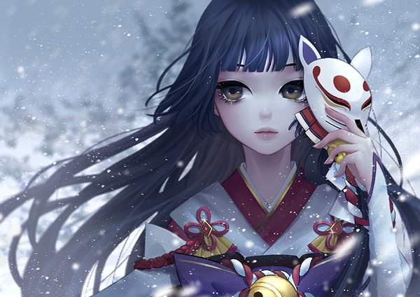 Anime picture 800x566 with onmyoji yuki onna (onmyoji) antweiyi single long hair fringe black hair holding brown eyes looking away upper body blunt bangs traditional clothes japanese clothes wind lips blurry depth of field snowing winter
