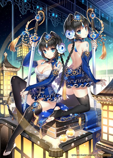Anime picture 630x883 with qurare magic library qurare: magic library nardack long hair tall image blue eyes black hair sitting multiple girls cleavage braid (braids) girl thighhighs dress hair ornament weapon black thighhighs 2 girls detached sleeves sword