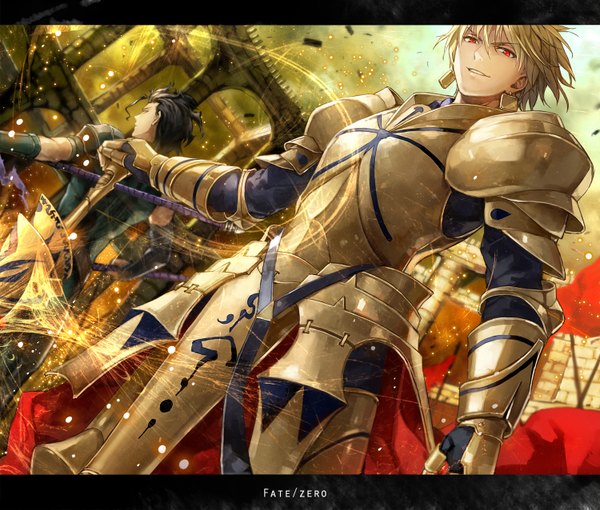 Anime picture 1500x1275 with fate (series) fate/stay night fate/zero studio deen type-moon gilgamesh (fate) diarmuid ua duibhne (lancer) (fate) komecchi short hair black hair blonde hair red eyes looking back boy gloves weapon earrings sword armor