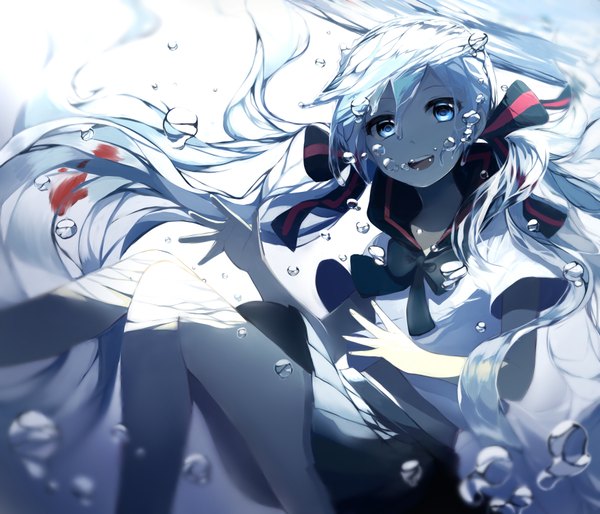 Anime picture 1748x1500 with vocaloid hatsune miku bottle miku sogawa single looking at viewer fringe highres open mouth blue eyes hair between eyes twintails bent knee (knees) white hair very long hair shadow underwater girl uniform ribbon (ribbons)