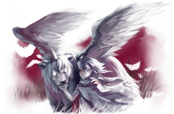 Anime picture 1369x900 with original pixiv fantasia pixiv fantasia sword regalia rifsom long hair blue eyes white hair horn (horns) boy plant (plants) wings insect butterfly grass lion