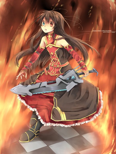 Anime picture 1200x1600 with original nemurou single long hair tall image open mouth brown hair looking away inscription teeth heterochromia girl dress gloves sword fire