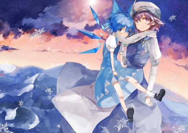 Anime picture 4961x3508 with touhou cirno letty whiterock saberiii blush highres short hair blue eyes purple eyes multiple girls blue hair absurdres sky purple hair cloud (clouds) puffy sleeves winter snow flying shared scarf
