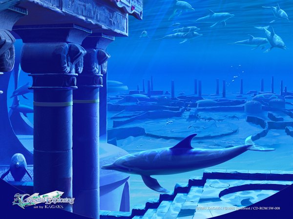 Anime picture 1600x1200 with kagaya underwater ruins 3d water pillar column dolphin