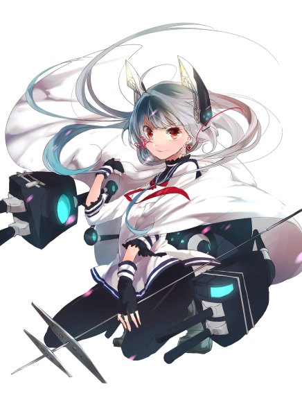 Anime picture 872x1200 with kantai collection murakumo destroyer miwano rag single long hair tall image looking at viewer fringe simple background smile white background multicolored hair grey hair orange eyes gradient hair jumping glow >:) girl gloves
