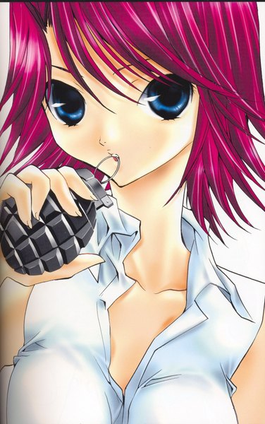 Anime picture 1276x2033 with peach-pit single tall image short hair blue eyes pink hair sleeveless close-up girl grenade