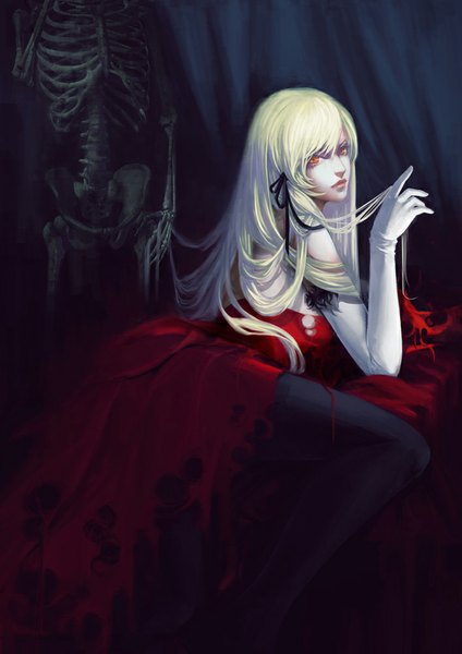 Anime picture 707x1000 with kizumonogatari shaft (studio) monogatari (series) kissshot acerolaorion heartunderblade sun dou single long hair tall image looking at viewer blonde hair orange eyes reclining skeleton girl dress gloves pantyhose elbow gloves white gloves red dress