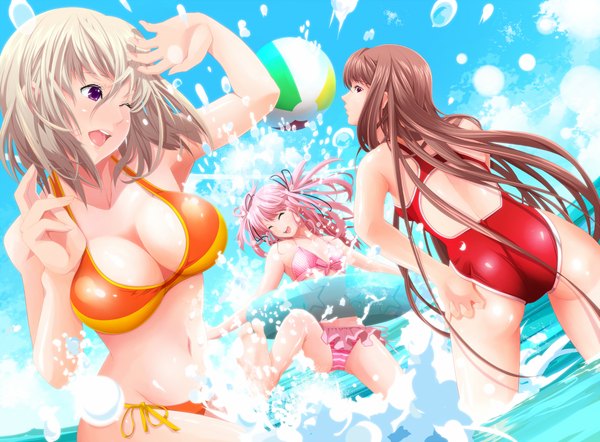 Anime picture 2035x1500 with tsukumo highres breasts light erotic blonde hair red eyes brown hair large breasts purple eyes multiple girls pink hair ass one eye closed wink laughing girl swimsuit bikini 3 girls splashes