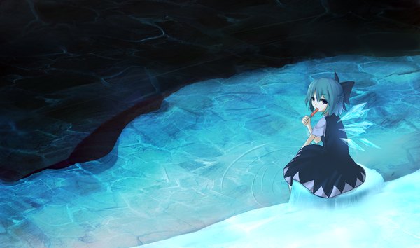 Anime picture 1859x1097 with touhou cirno highres short hair blue eyes wide image blue hair girl dress bow wings water food sweets ice cream popsicle