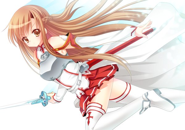Anime picture 1280x905 with sword art online a-1 pictures yuuki asuna nakada rumi single long hair simple background brown hair white background brown eyes girl thighhighs skirt weapon detached sleeves miniskirt white thighhighs sword armor