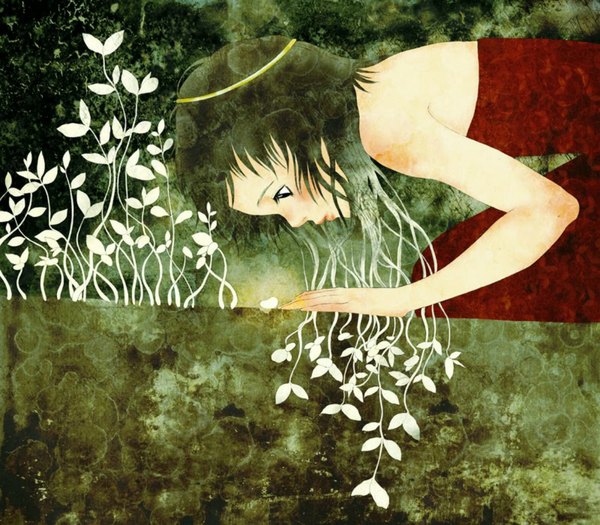Anime picture 1171x1025 with original moonywolf single short hair black hair bare shoulders black eyes orz girl dress plant (plants) grass red dress