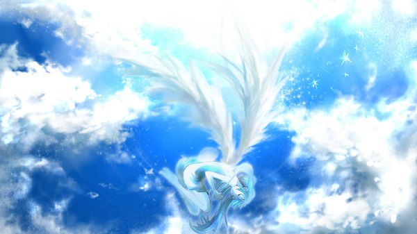 Anime picture 1000x563 with vocaloid hatsune miku tagme (artist) single long hair fringe light erotic wide image bare shoulders sky cloud (clouds) eyes closed barefoot aqua hair bare legs alternate costume angel wings angel falling girl