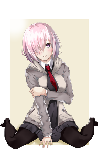Anime picture 1075x1725 with fate (series) fate/grand order mash kyrielight poyano single tall image looking at viewer blush fringe short hair breasts simple background hair between eyes large breasts sitting pink hair full body ahoge long sleeves head tilt