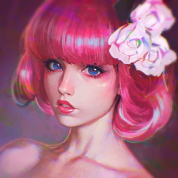 Anime picture 900x900 with real life anastasia ditmar ilya kuvshinov single looking at viewer fringe short hair blue eyes simple background bare shoulders pink hair hair flower lips realistic lipstick portrait wavy hair pink lipstick girl hair ornament