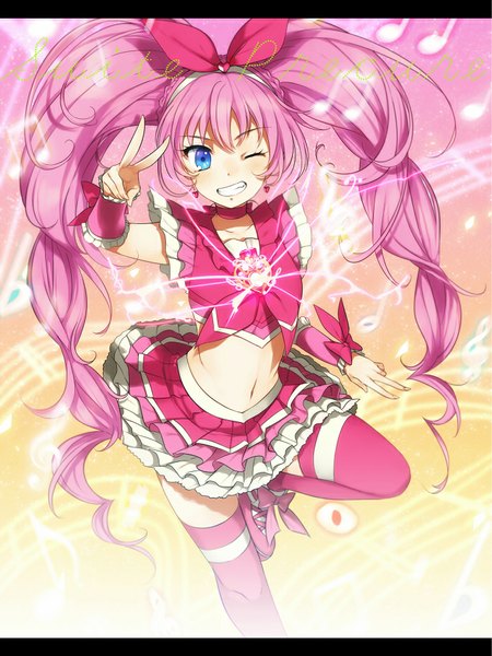 Anime picture 699x931 with precure suite precure toei animation houjou hibiki cure melody kippu single tall image fringe blue eyes standing twintails pink hair bent knee (knees) very long hair one eye closed wink bare belly magic victory