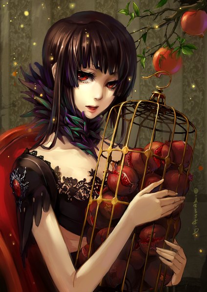 Anime picture 1414x2000 with original axis (artist) single tall image short hair open mouth red eyes brown hair girl fruit cage