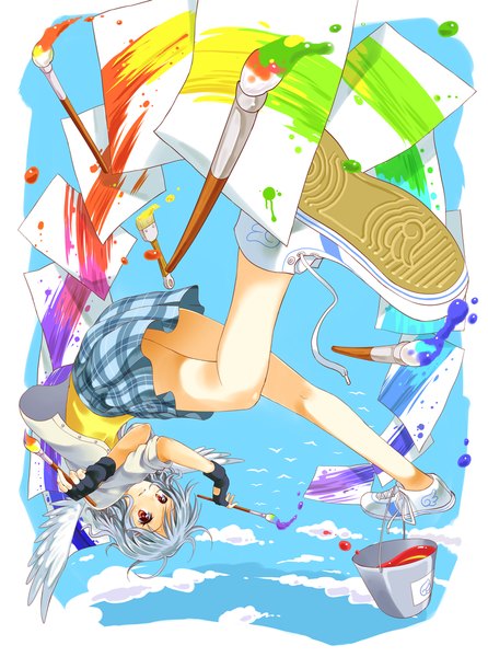 Anime picture 800x1076 with original danzero (daniwae) single tall image short hair smile red eyes sky silver hair cloud (clouds) angel wings girl gloves miniskirt wings shoes fingerless gloves sneakers paintbrush paint