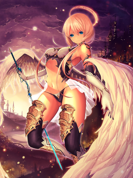 Anime picture 955x1273 with original aruku single long hair tall image looking at viewer breasts blue eyes light erotic blonde hair girl thighhighs gloves navel weapon black thighhighs sword wings elbow gloves halo