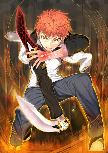 Anime picture 566x800 with fate (series) fate/stay night type-moon emiya shirou char single tall image looking at viewer fringe short hair holding yellow eyes orange hair open clothes open jacket fighting stance dual wielding angry aura boy