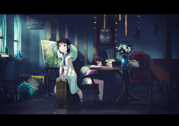 Anime picture 2118x1500 with original nike (pixiv) looking at viewer fringe highres short hair open mouth black hair brown hair sitting multiple girls eyes closed profile reflection riding girl dress skirt hair ornament flower (flowers)