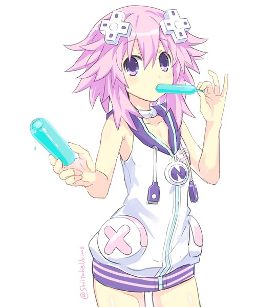 Anime picture 890x982 with choujigen game neptune neptune (choujigen game neptune) shiitake urimo single tall image looking at viewer short hair simple background hair between eyes white background purple eyes bare shoulders signed pink hair outstretched hand spiked hair girl hair ornament choker food