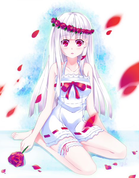 Anime picture 938x1200 with original kazane kirito single tall image looking at viewer blush open mouth red eyes white hair very long hair girl dress flower (flowers) petals rose (roses)