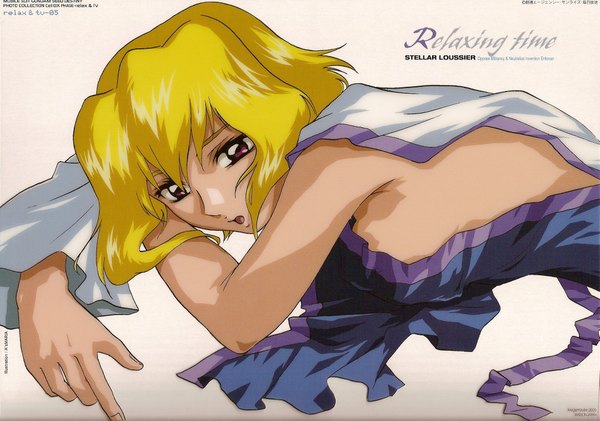 Anime picture 2015x1415 with mobile suit gundam gundam seed destiny sunrise (studio) stellar loussier single highres short hair open mouth blonde hair white background purple eyes lying character names on stomach girl