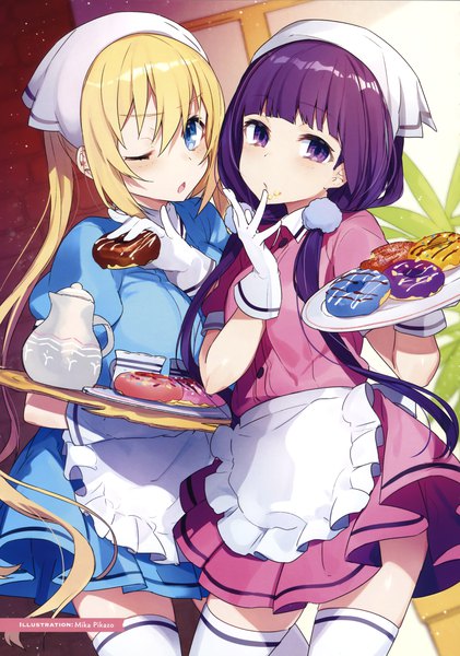 Anime picture 2103x3000 with blend s a-1 pictures sakuranomiya maika hinata kaho mika pikazo long hair tall image looking at viewer blush fringe highres open mouth blue eyes blonde hair hair between eyes standing twintails purple eyes multiple girls holding