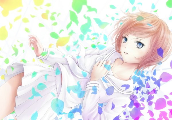 Anime picture 1000x700 with original nuwanko single short hair blue eyes blonde hair girl skirt petals serafuku