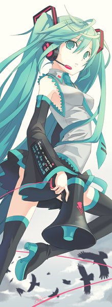 Anime picture 400x1091 with vocaloid koi wa sensou (vocaloid) hatsune miku h2so4 single long hair tall image looking at viewer twintails bare shoulders green eyes very long hair pleated skirt green hair girl skirt detached sleeves animal necktie headphones
