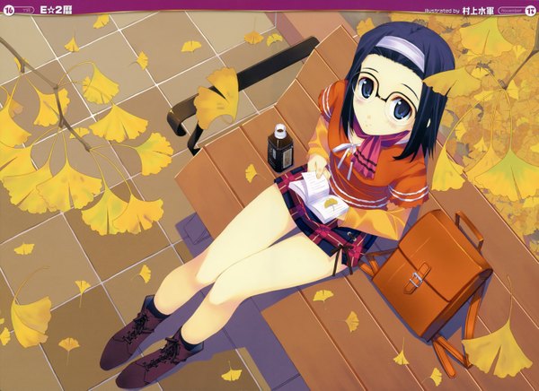 Anime picture 5749x4186 with murakami suigun single highres black hair sitting absurdres from above black eyes legs checkered skirt ribbon (ribbons) boots hairband scarf bag ginkgo