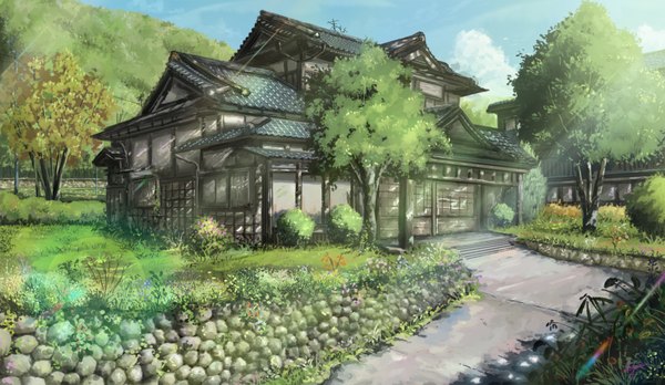 Anime picture 1980x1150 with original niko p highres wide image lens flare no people landscape scenic flower (flowers) plant (plants) tree (trees) building (buildings) house japanese house