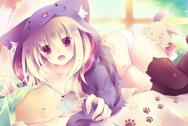 Anime picture 1080x728 with original millcutto single long hair looking at viewer blush open mouth light erotic blonde hair purple eyes girl thighhighs navel underwear panties black thighhighs hood toy stuffed animal