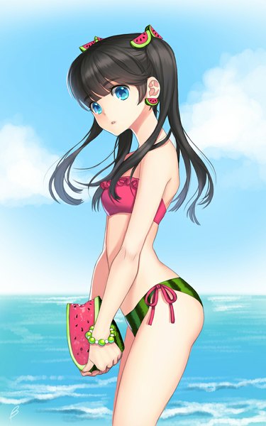 Anime picture 700x1119 with original briska single long hair tall image looking at viewer fringe open mouth black hair standing twintails holding sky cloud (clouds) aqua eyes lips lipstick beach food print watermelon print