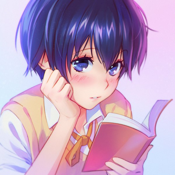 Anime picture 1080x1080 with bokura wa minna kawaisou brains base (studio) kawai ritsu ilya kuvshinov single looking at viewer blush fringe short hair blue eyes hair between eyes holding blue hair pink hair upper body parted lips multicolored hair gradient background portrait gradient hair