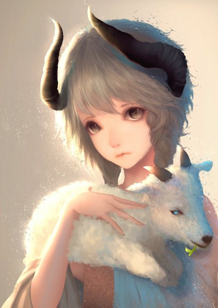 Anime picture 1800x2545 with original nooko single long hair tall image looking at viewer fringe highres holding braid (braids) head tilt horn (horns) lips grey hair wide sleeves grey eyes twin braids gradient background girl animal