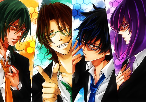 Anime picture 1200x840 with mobile suit gundam mobile suit gundam 00 sunrise (studio) tieria erde setsuna f seiei lockon stratos allelujah haptism kamu (artist) brown hair green eyes blue hair purple hair profile one eye closed green hair wink multiple boys boy glasses necktie