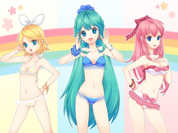 Anime picture 3583x2673 with vocaloid hatsune miku megurine luka kagamine rin bittersweet (dalcoms) long hair looking at viewer highres short hair breasts open mouth blue eyes light erotic blonde hair large breasts multiple girls pink hair absurdres ponytail very long hair
