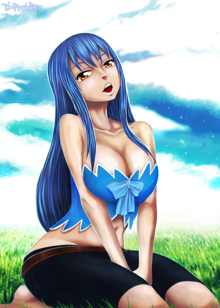Anime picture 2210x3100 with fairy tail wendy (edolas) d-prodi3y single long hair tall image highres breasts open mouth light erotic large breasts bare shoulders brown eyes blue hair sky cloud (clouds) bare belly midriff kneeling coloring