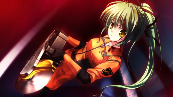 Anime picture 1280x720 with root double moribe jun long hair wide image yellow eyes game cg ponytail green hair girl blood suit