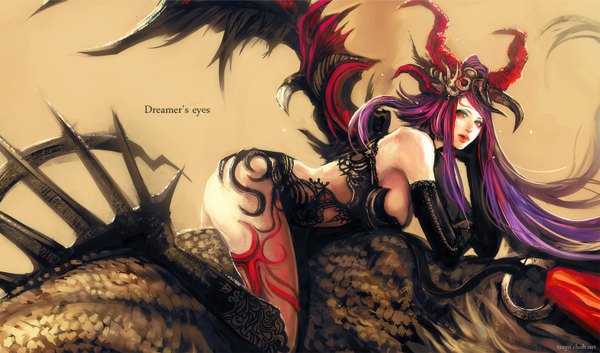Anime picture 1571x926 with original tsuyomaru single looking at viewer open mouth light erotic red eyes wide image bare shoulders purple hair very long hair horn (horns) lipstick red lipstick girl wings tongue dragon