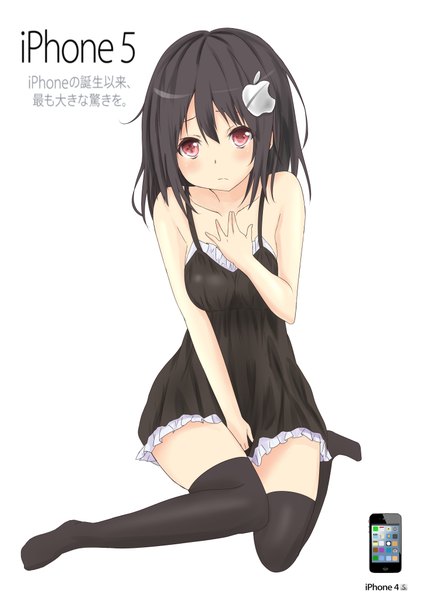 Anime picture 2893x4092 with original apple inc. saku (kudrove) single tall image blush highres short hair black hair simple background red eyes white background product placement girl thighhighs hair ornament black thighhighs sundress iphone