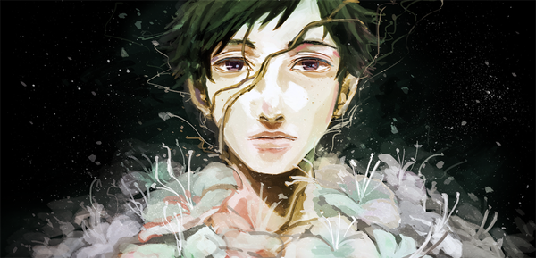 Anime picture 1000x483 with original pege (artist) single looking at viewer short hair black hair simple background wide image purple eyes black background boy flower (flowers) branch