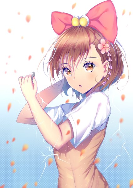 Anime picture 1000x1414 with to aru kagaku no railgun j.c. staff misaka mikoto kr (sapphire) single tall image looking at viewer blush fringe short hair open mouth hair between eyes brown hair holding brown eyes upper body hair flower :o short sleeves gradient background