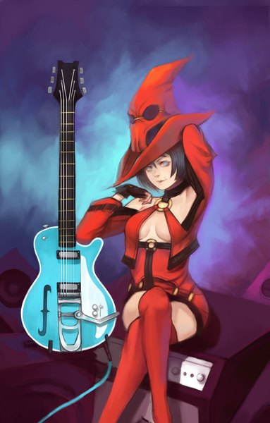 Anime picture 1159x1812 with guilty gear i-no aurvandil single tall image short hair breasts blue eyes light erotic sitting blue hair mole girl thighhighs fingerless gloves witch hat guitar
