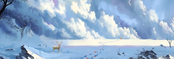 Anime picture 1383x471 with touhou flandre scarlet zi ye (hbptcsg2) single short hair blonde hair wide image winter snow scenic bare tree rock footprints girl plant (plants) animal wings tree (trees) crystal deer