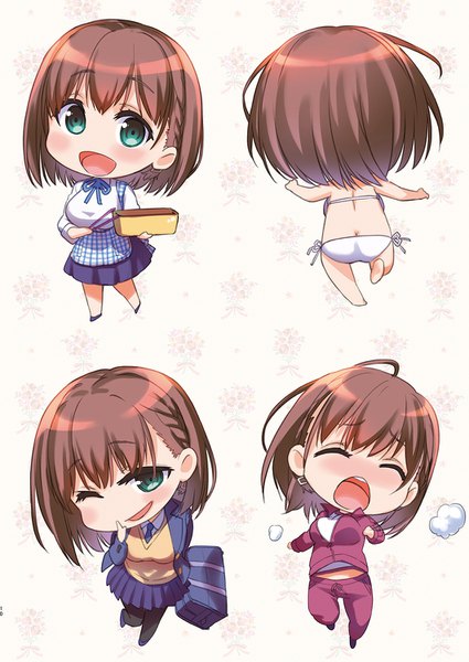 Anime picture 1062x1500 with getsuyoubi no tawawa pine jam ai-chan (tawawa) nanase meruchi tall image looking at viewer short hair open mouth light erotic simple background brown hair white background multiple girls green eyes full body braid (braids) eyes closed :d one eye closed wink