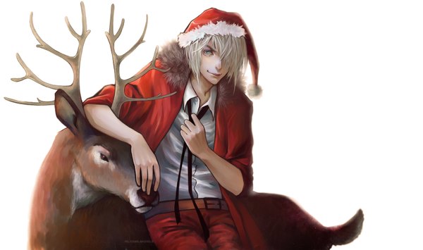 Anime picture 1548x918 with original santa claus rudolph the red nosed reindeer felicemelancholie fringe short hair simple background wide image white background white hair horn (horns) aqua eyes light smile hair over one eye fur trim christmas new year adjusting necktie boy animal
