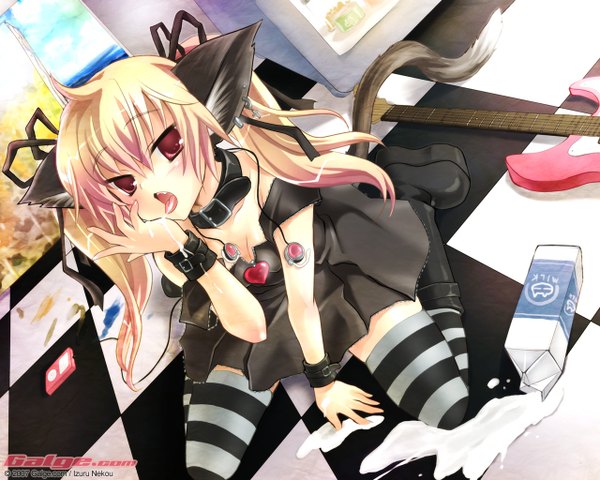 Anime picture 1280x1024 with galge.com nekou izuru single long hair blush open mouth light erotic blonde hair red eyes animal ears animal tail cat ears cat girl cat tail checkered floor floor girl thighhighs dress earrings